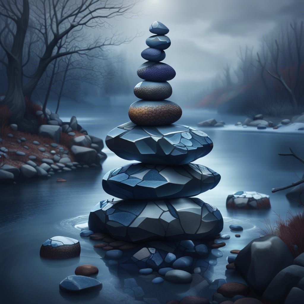 Balanced Stones in Icy Woodland Landscape