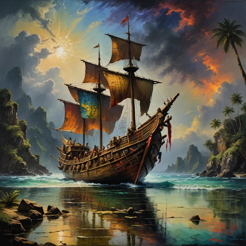 Polynesian Boat in Rembrandt Style Oil Painting