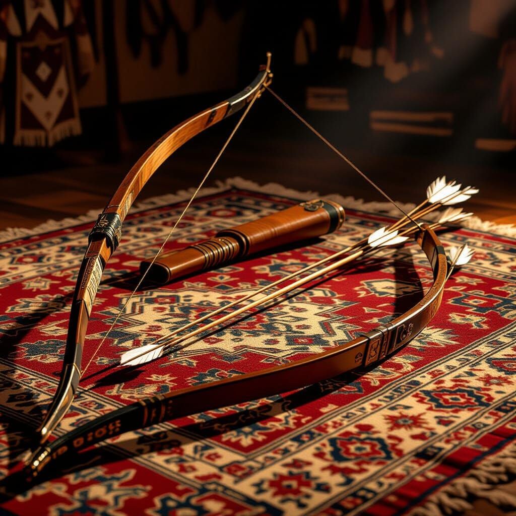 Traditional Mongolian Archery Set on Rug
