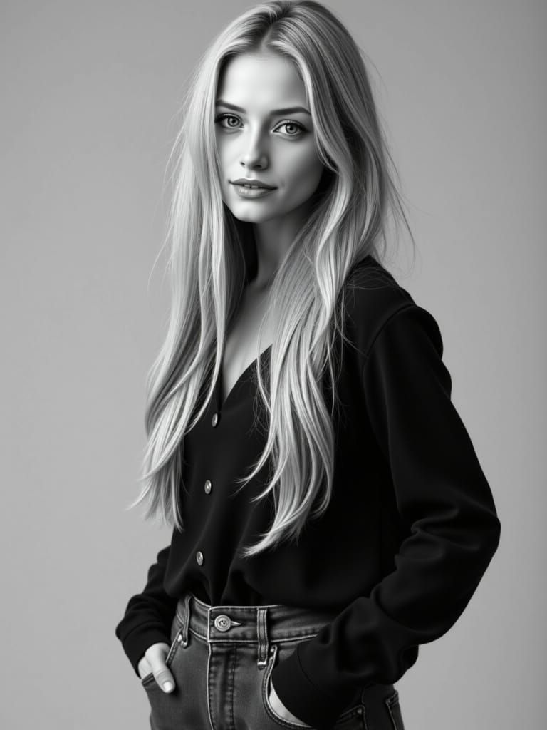 Hyper-Realistic Black and White Portrait of a Confident Youn...