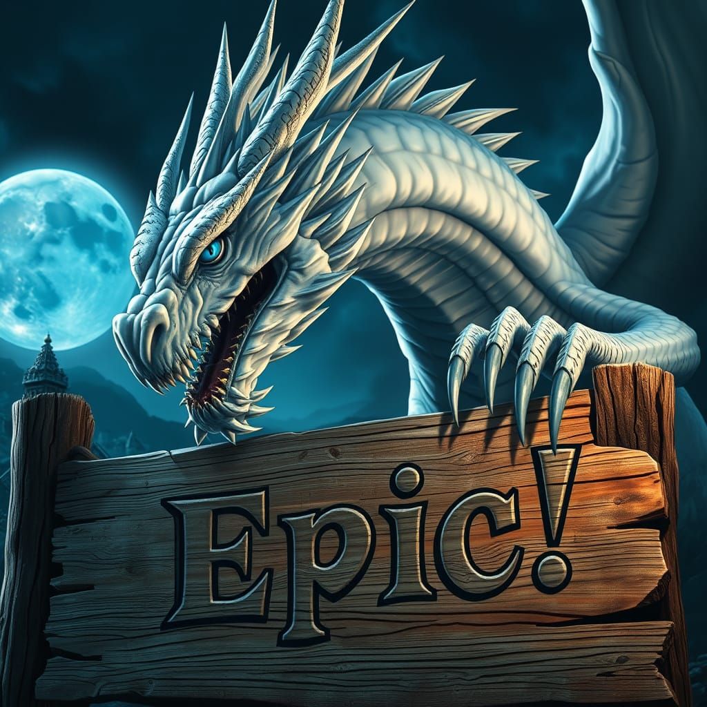 Majestic White Dragon Emerges from Moonlit Fantasy Nightscap...