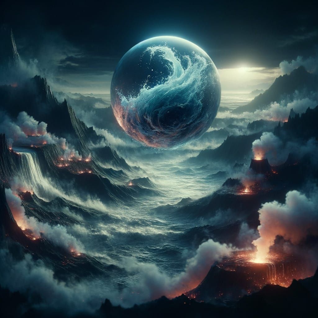 Fantastical Water Orb Above Smoky Volcano