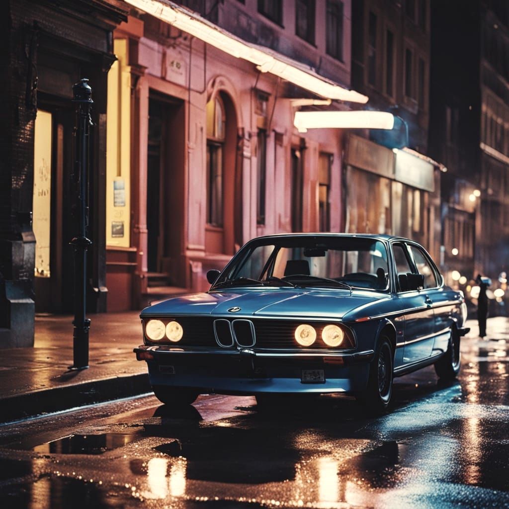 Futuristic 90s BMW Parked on Sidewalk: Cinematic Film Still