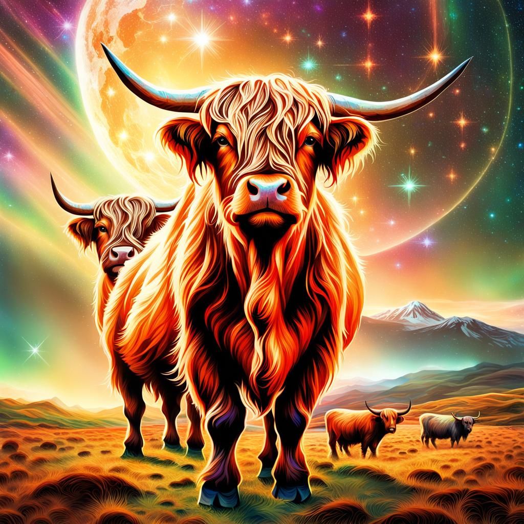 Highland Cows with Bells: Cosmic Illustration