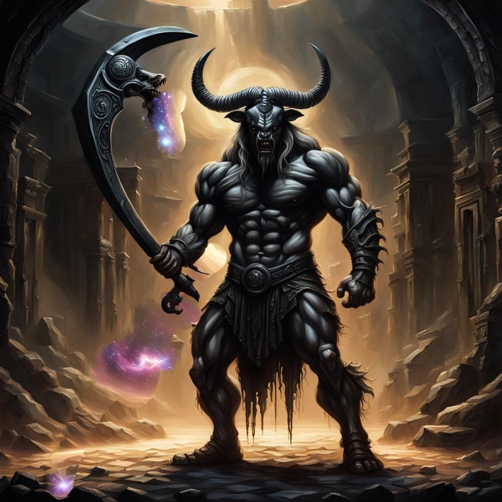 Scythe-Wielding Minotaur in Dark Fantasy Arena