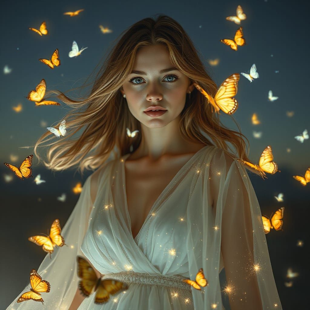 Woman in Starlight Gown with Bioluminescent Butterflies