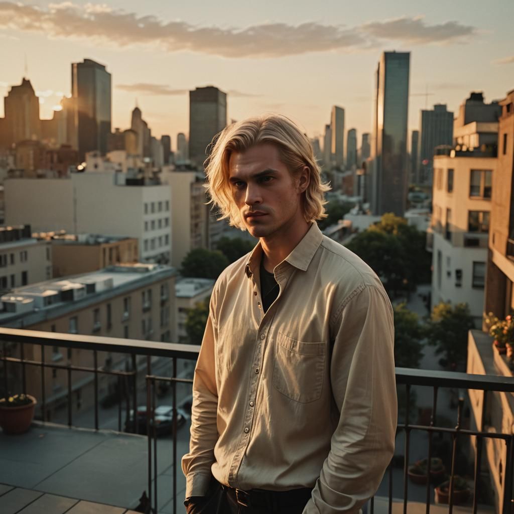 Dramatic Terrace Encounter at Dusk: A Cinematic Still