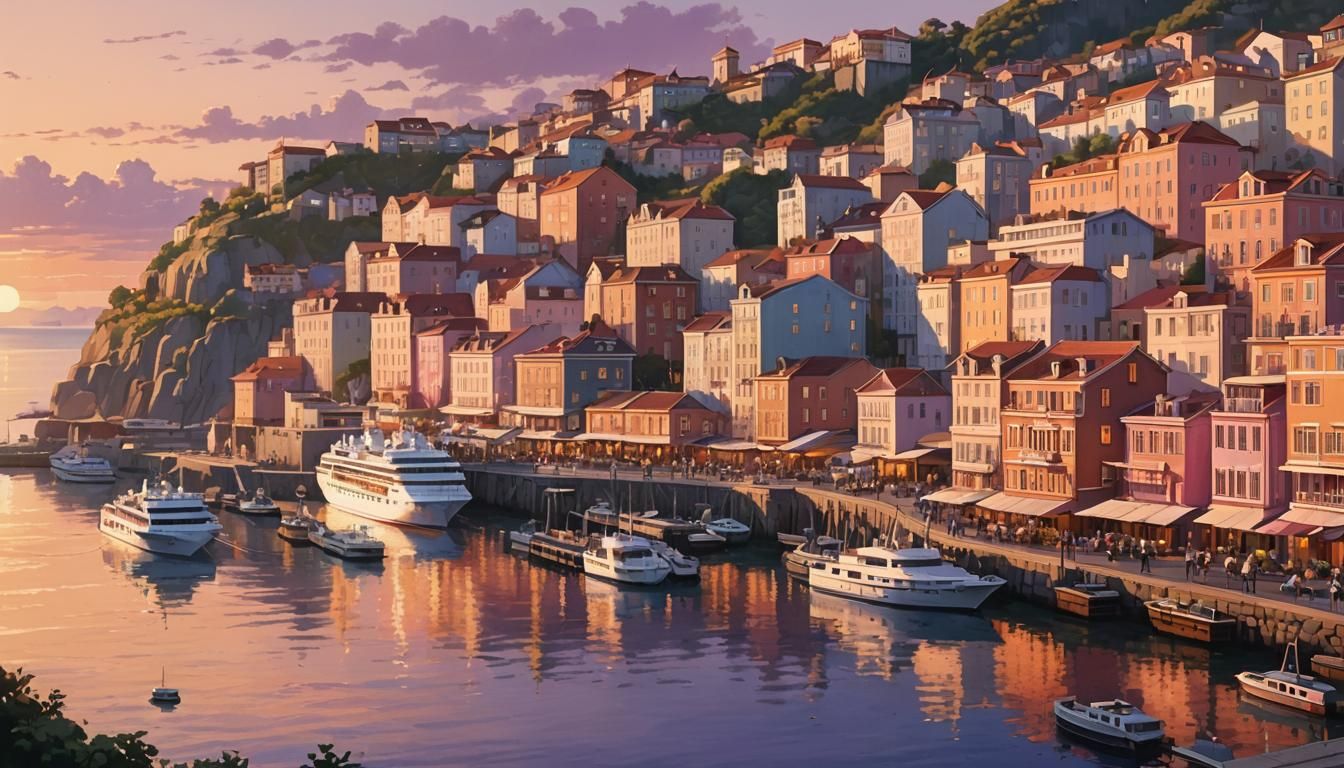 Coastal Townscape with Cruise Ship in Anime Style