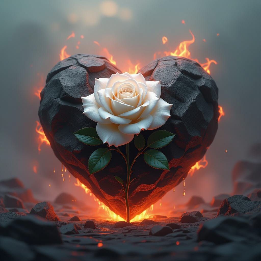 Volcanic Heart with Emerald Rose in Dramatic Lighting