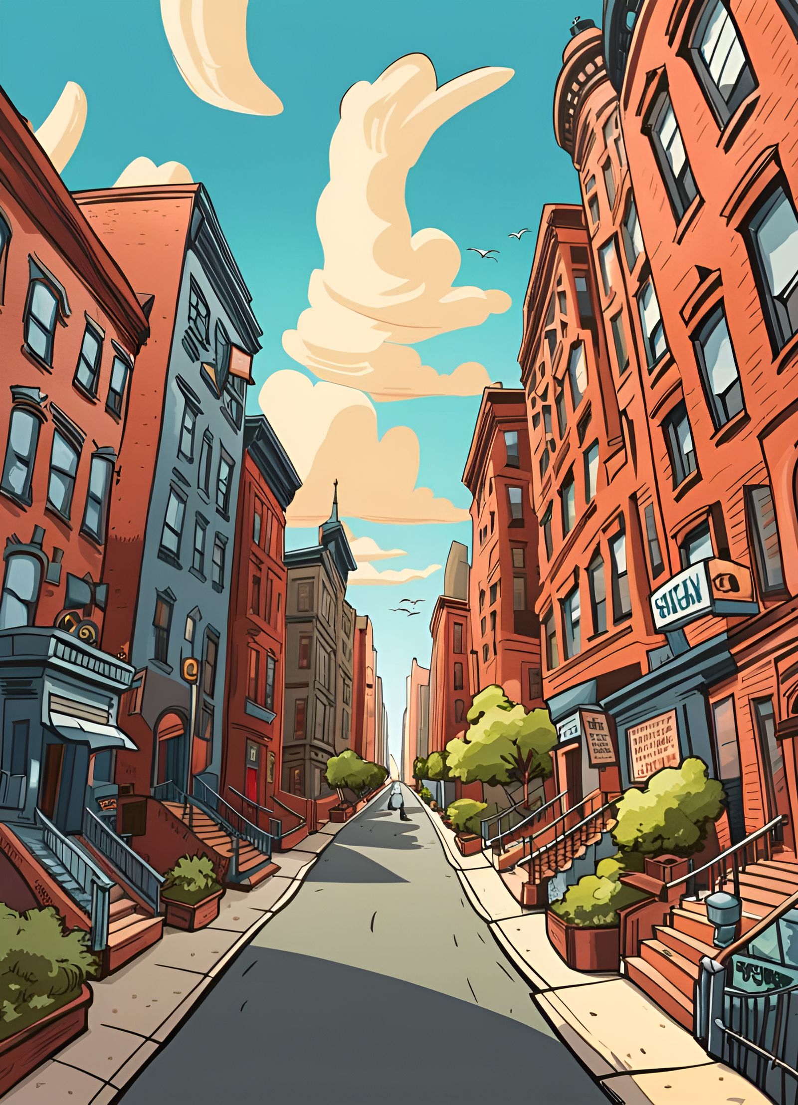 Cartoon Brooklyn Street in Fisheye Perspective