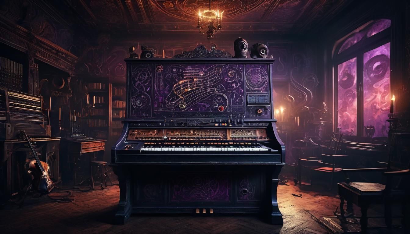 Dark Fantasy ARP Synthesizer with Mystical Engravings