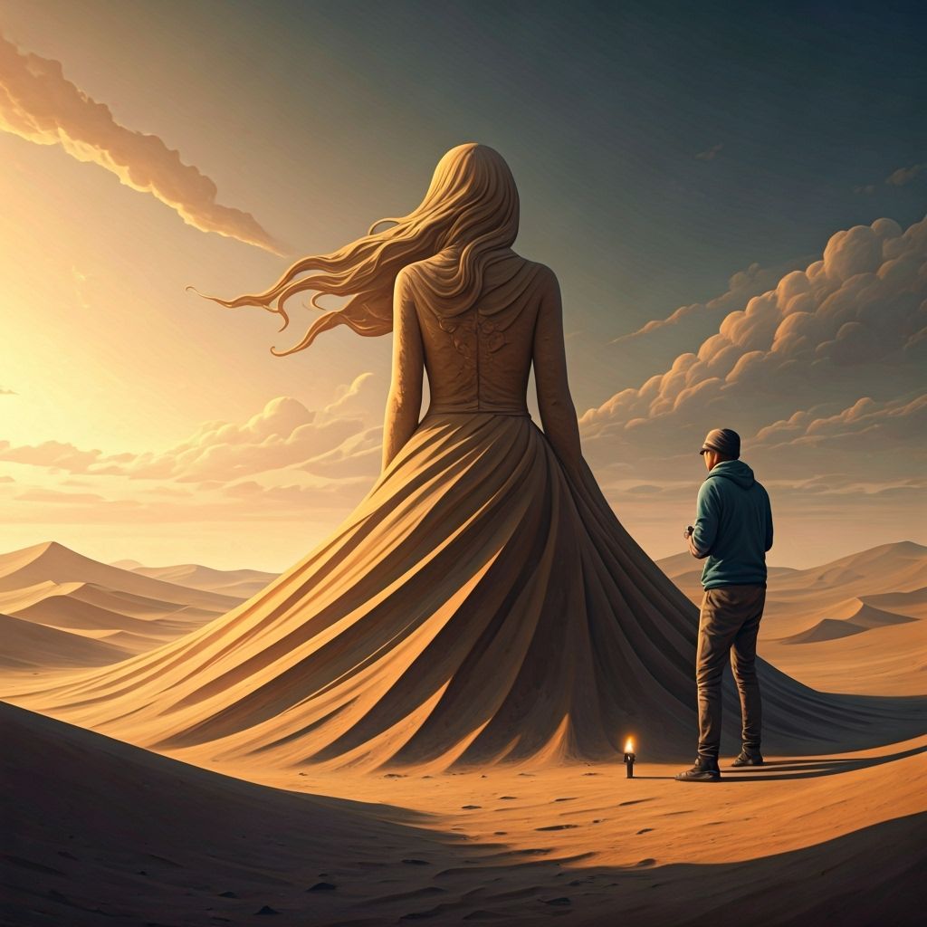 Desert Sculptor Creating Sand Figures in Mystical Realism St...