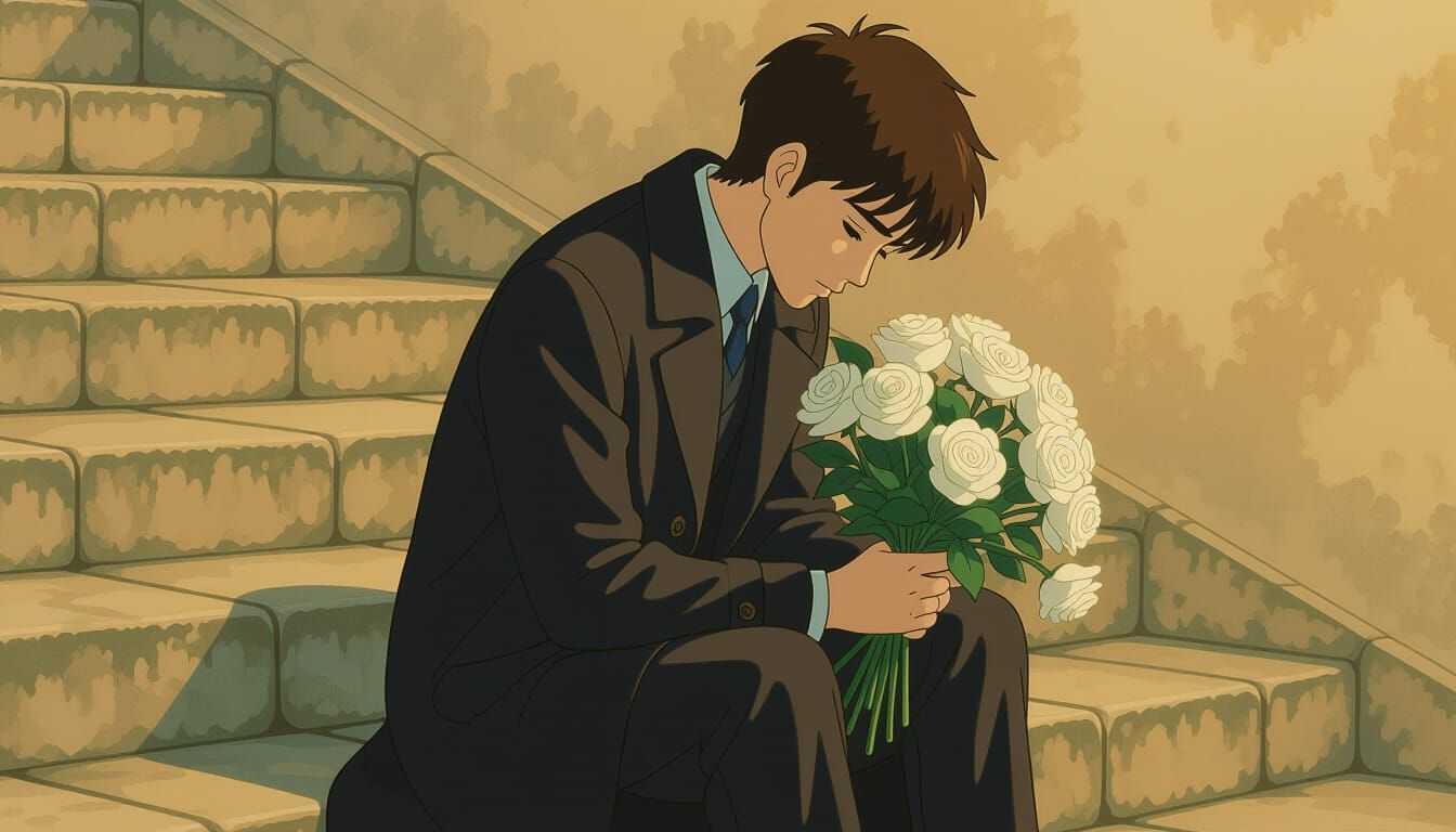 Melancholy Young Man with Roses in Ghibli Style