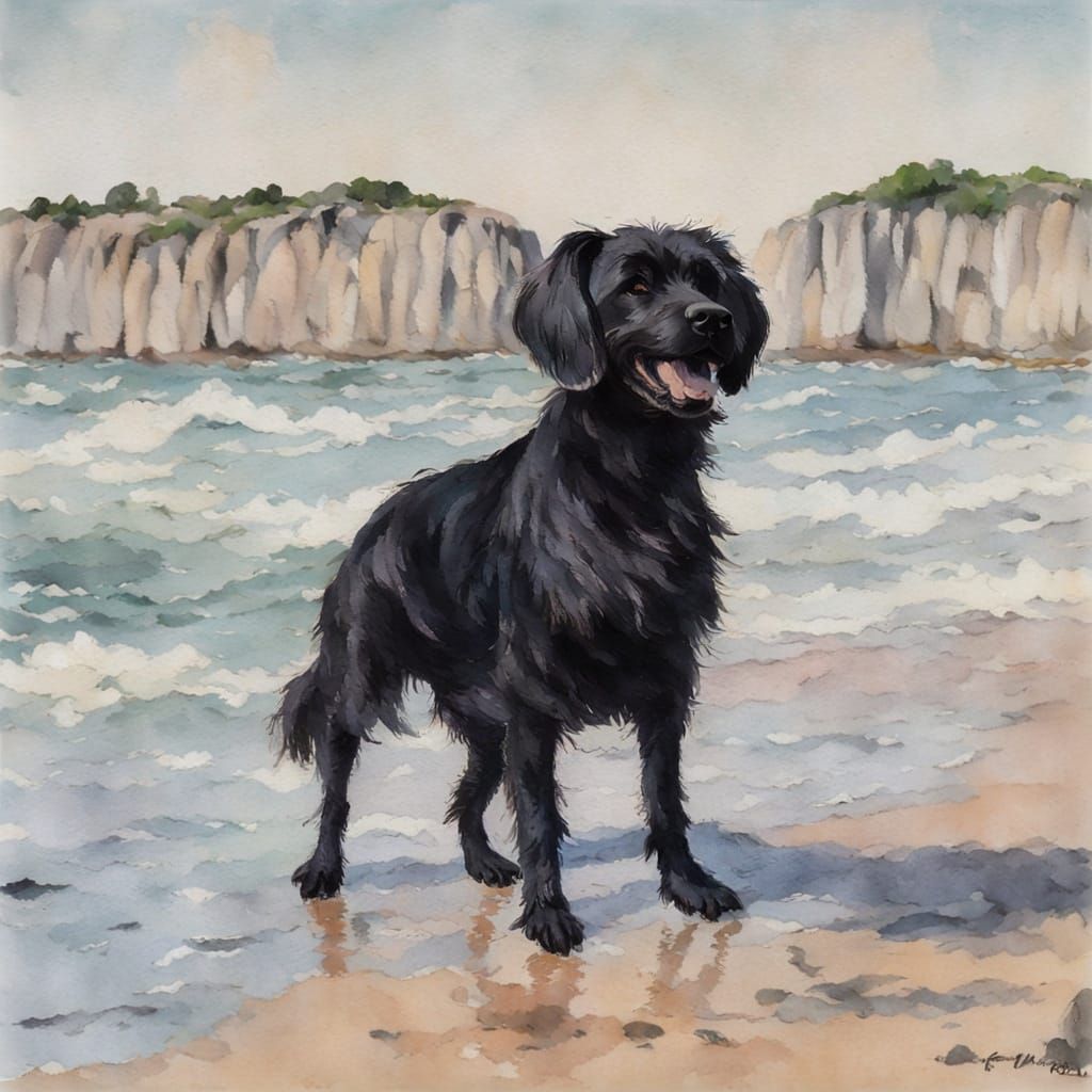 Black Dog on Brittany Beach in Impressionistic Style