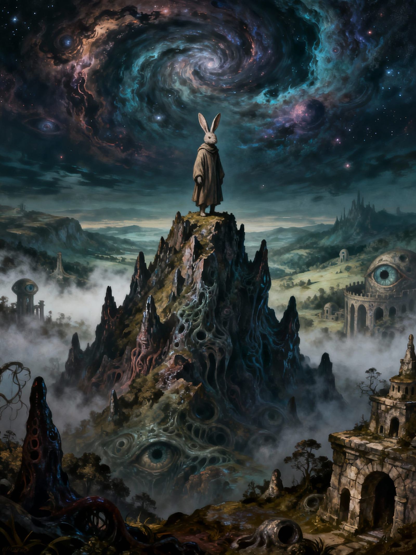 Cosmic Horror Rabbit Figure on Alien Mountain Peak