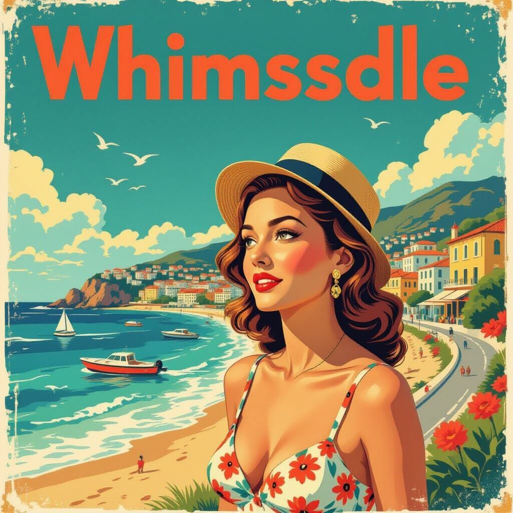 Mid-Century Seaside Town Travel Poster in Teal and Orange