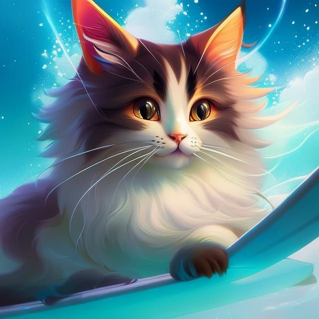 Fluffy Kitten Surfing: Digital Art Painting