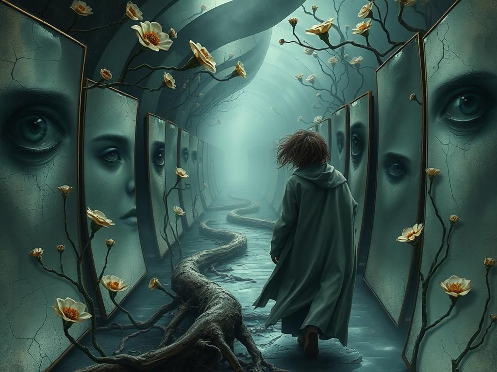 Surreal Mirror Maze with Figure in Dreamlike Style
