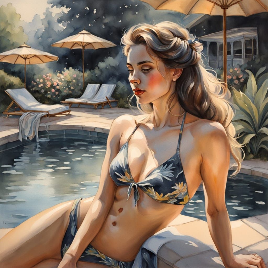 Woman in Bikini in Ethereal Gouache Style