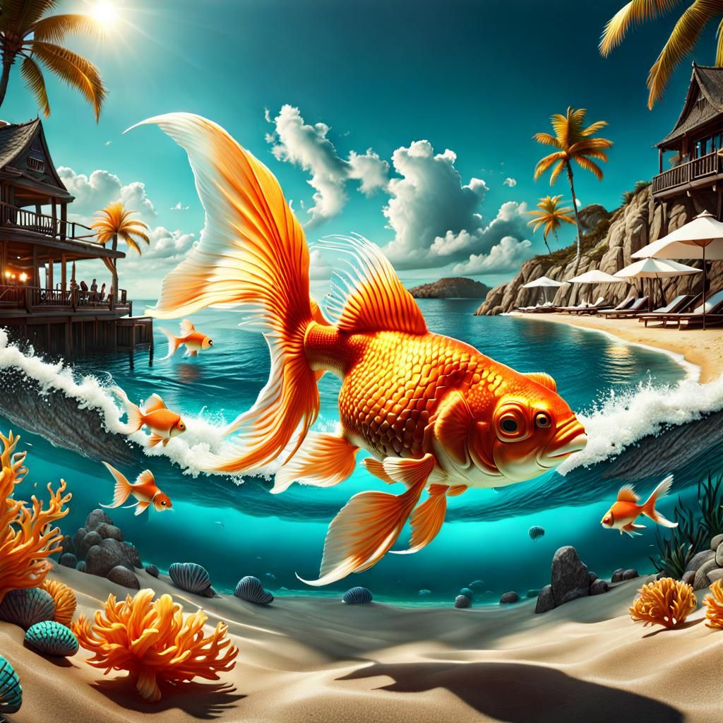 Furry Goldfish at Beach Party: Digital Painting