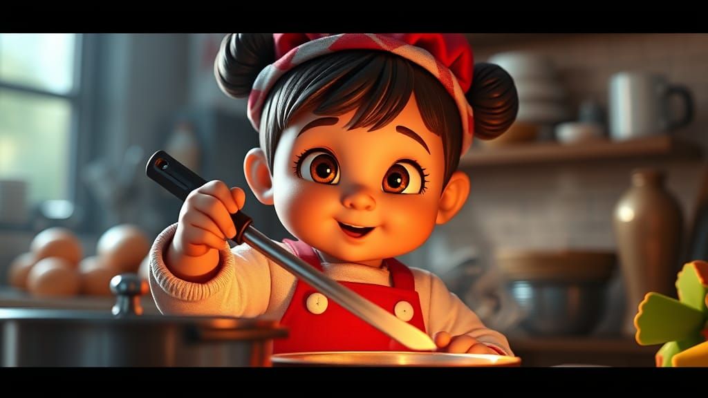 Funny Cartoon Chef and Baby Girl Cook in 3D