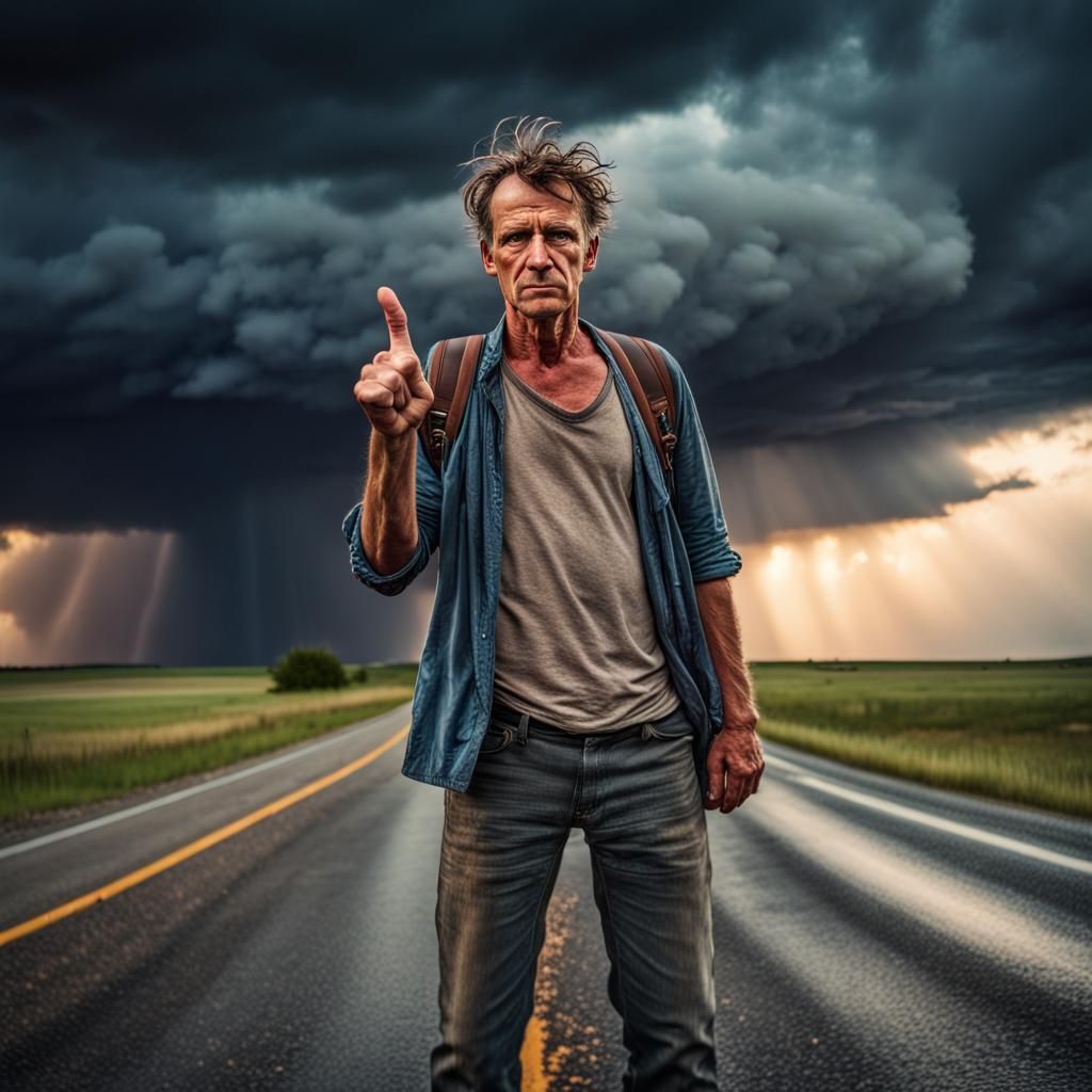 Hyperrealistic Fantasy Hitchhiker on a Stormy Road