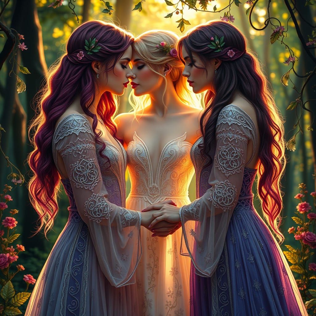 Three Celtic Goddesses Share a Tender Kiss in a Mystical For...