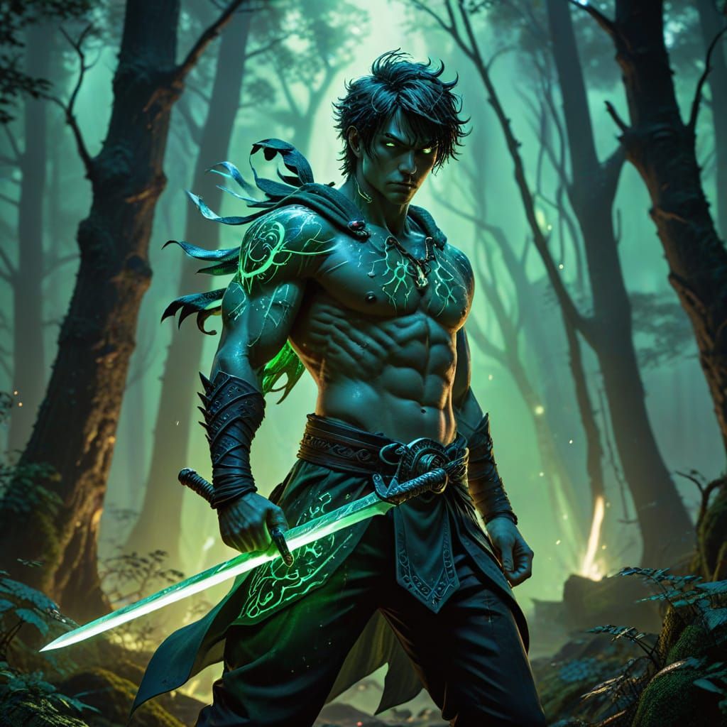Confident Dark Fantasy Hero Stands Tall in a Mystical Forest
