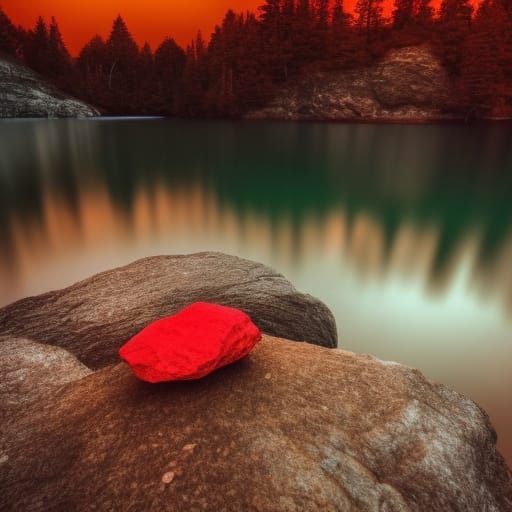 Vibrant Red Tree on Rock Island in Lake