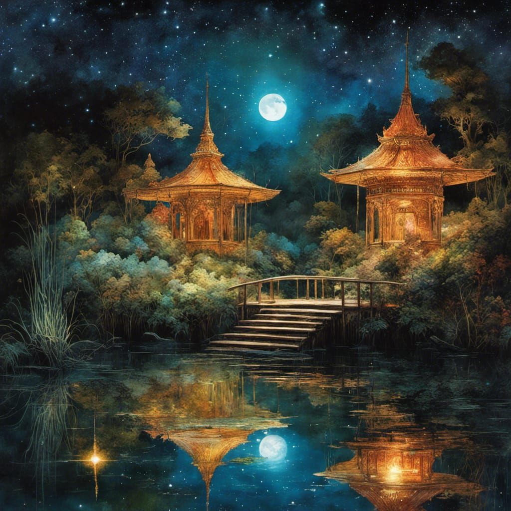 Glittering Fairyland Pond at Night in Watercolor Style