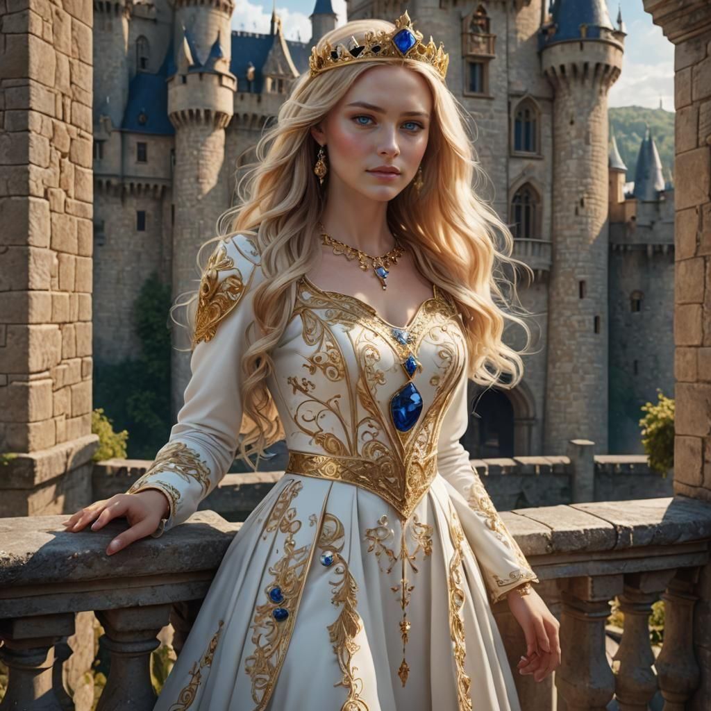Elegant Woman in Royal Dress on Castle Balcony