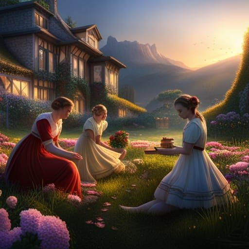 Sisters Playing Ring Around the Roses: Fantasy Art