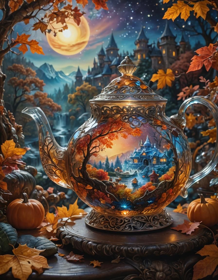 Autumn Landscape Inside Crystal Teapot, Hyper-realistic Fant...