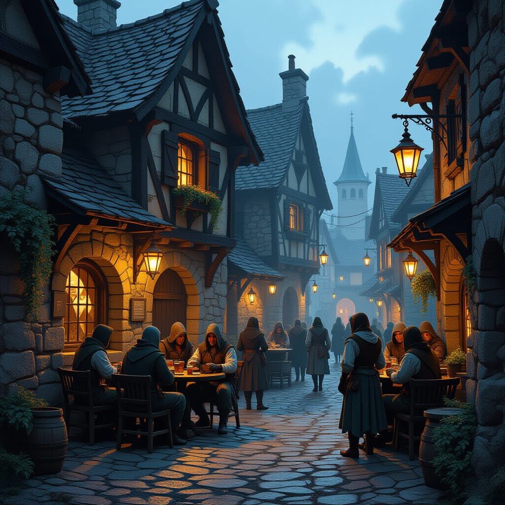 Medieval Tavern Scene with Flickering Lanterns