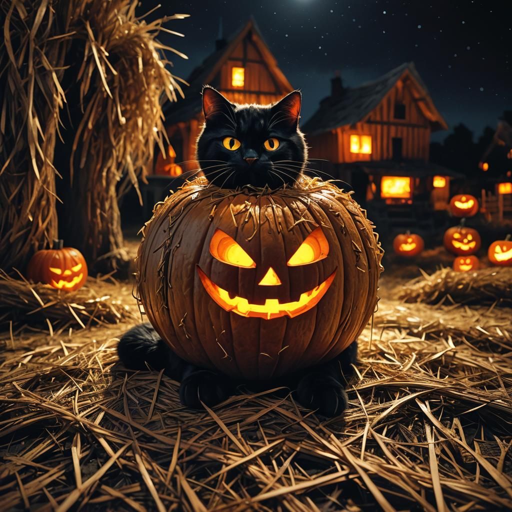 Surreal Jack-o'-Lantern and Cat in Dreamlike Night