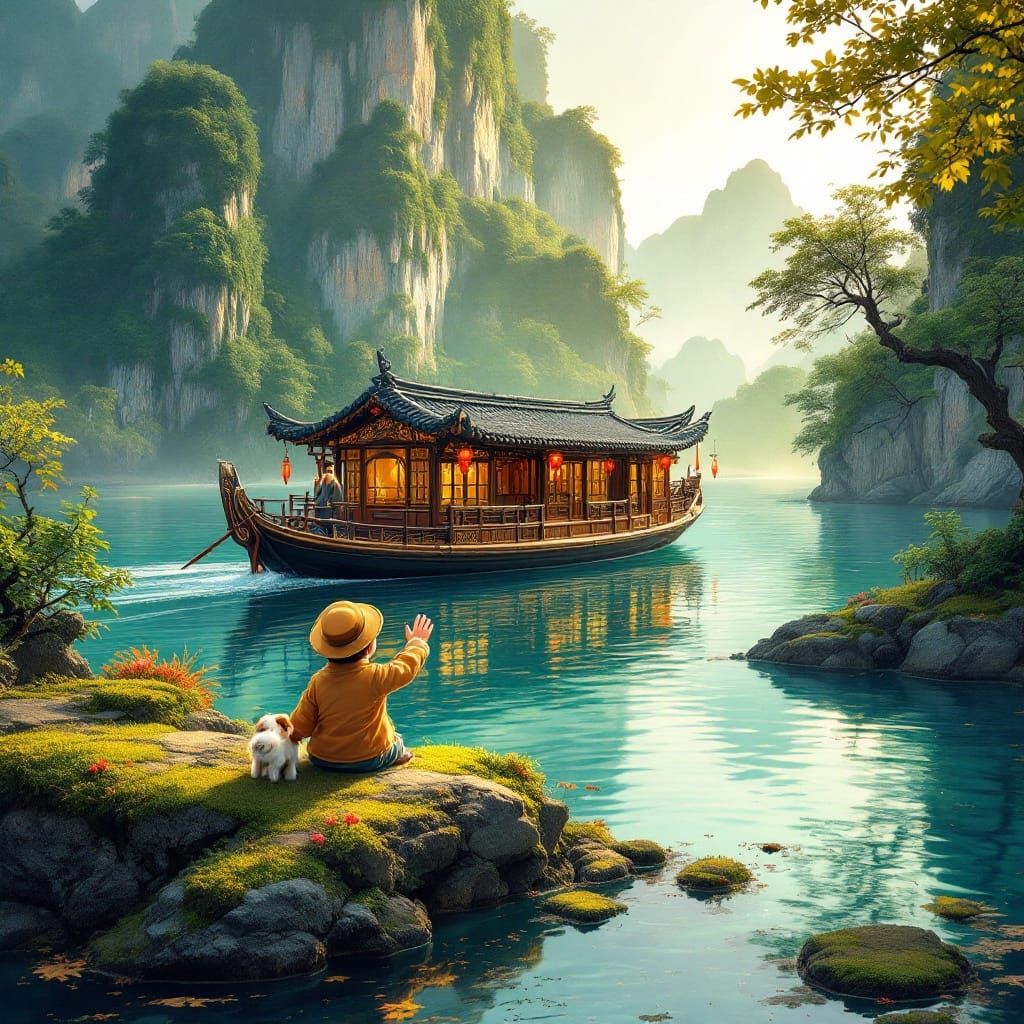 Ancient Chinese Houseboat in Serene Guilin Waters