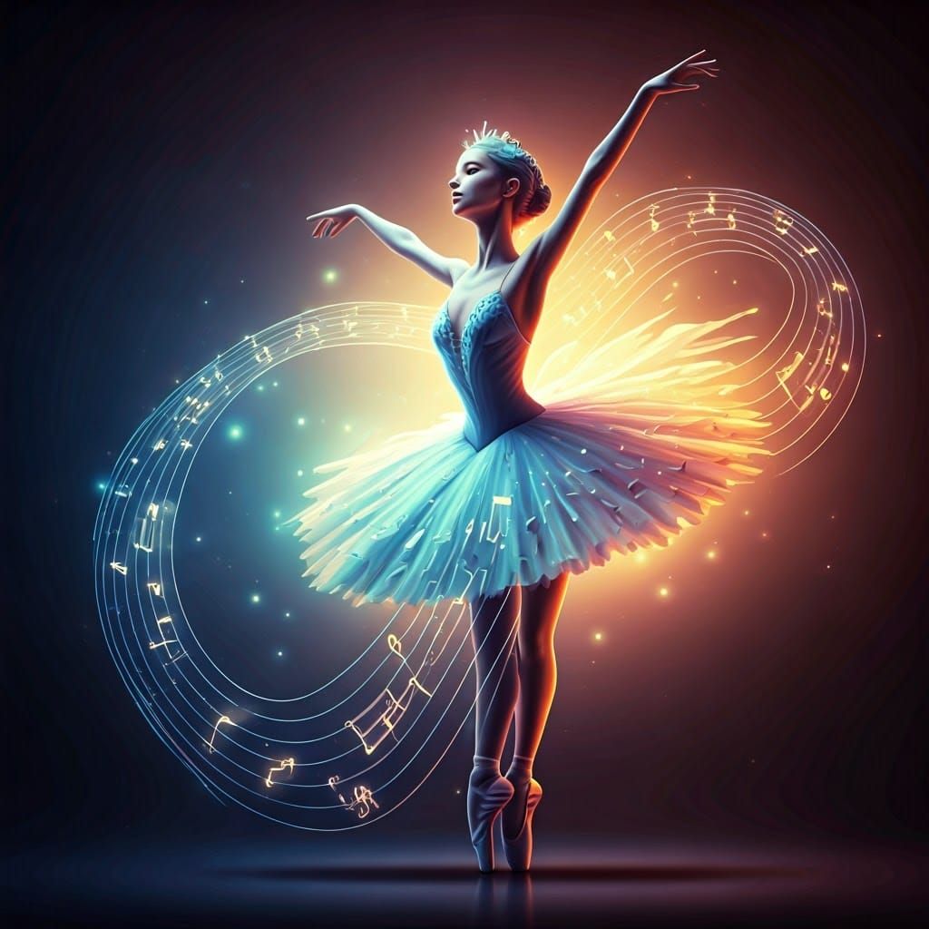 Ethereal Ballerina Dancing with Bioluminescent Music Notes