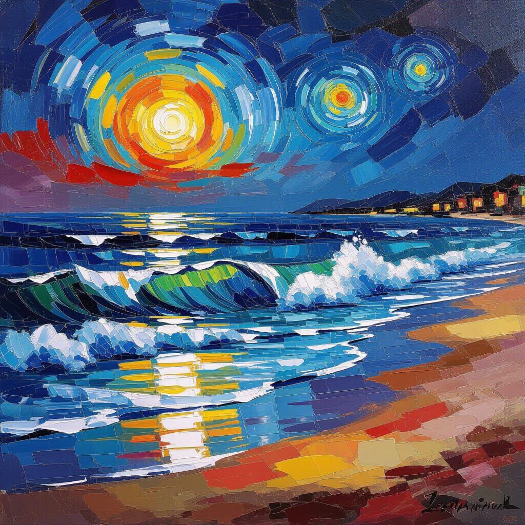 Night Beach Waves in Neo-Impressionist Style