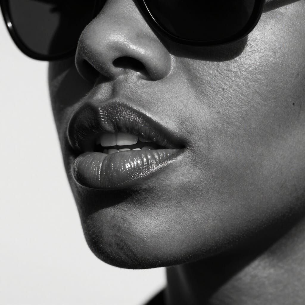 Close-Up Black and White Portrait of African American Woman'...