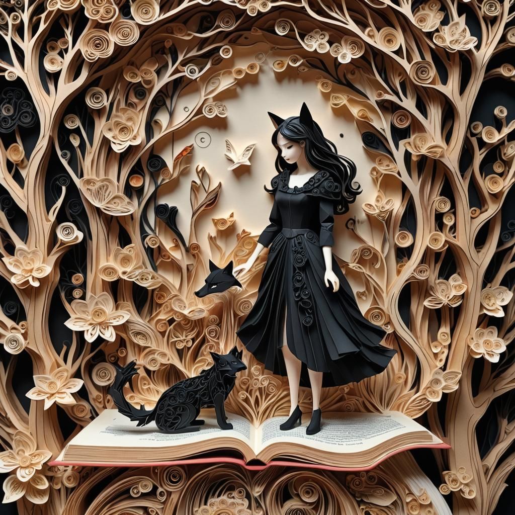 Intricate Papercraft Woman in Storybook Illustration