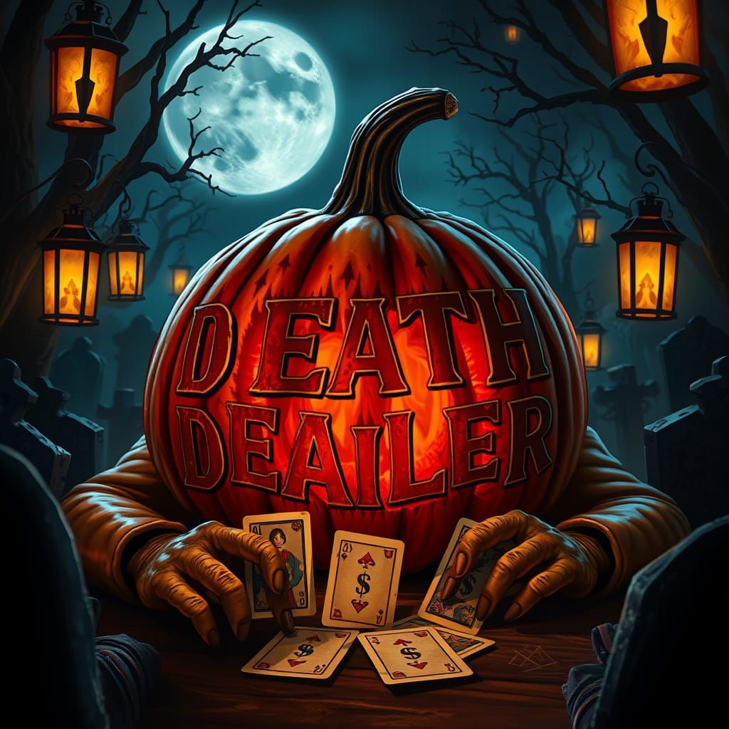 Terrifying Halloween Pumpkin Tarot Dealer in Graveyard