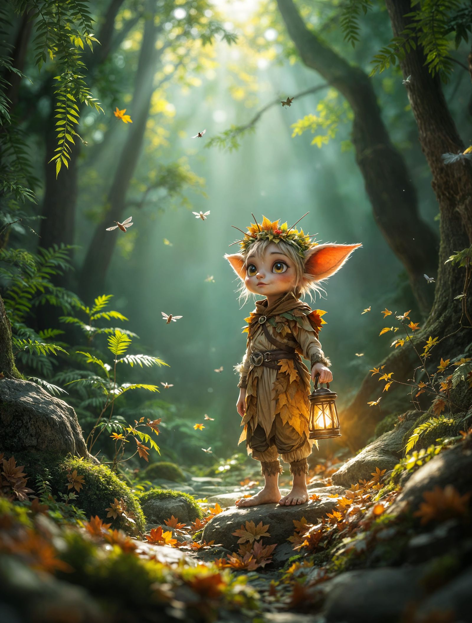 Whimsical Forest Sprite in Sunlit Woodland