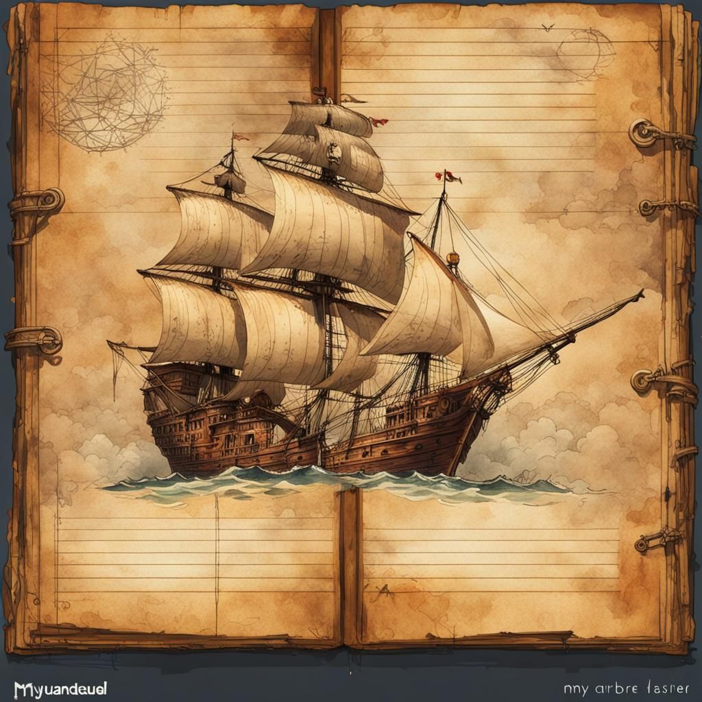 Pirate Treasure Map on Journal Page in Watercolor Style