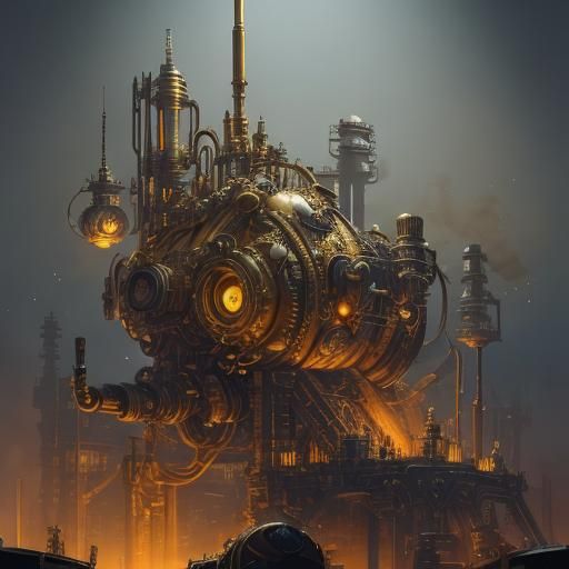 Steampunk Girl with Robot in Cyberpunk Cityscape