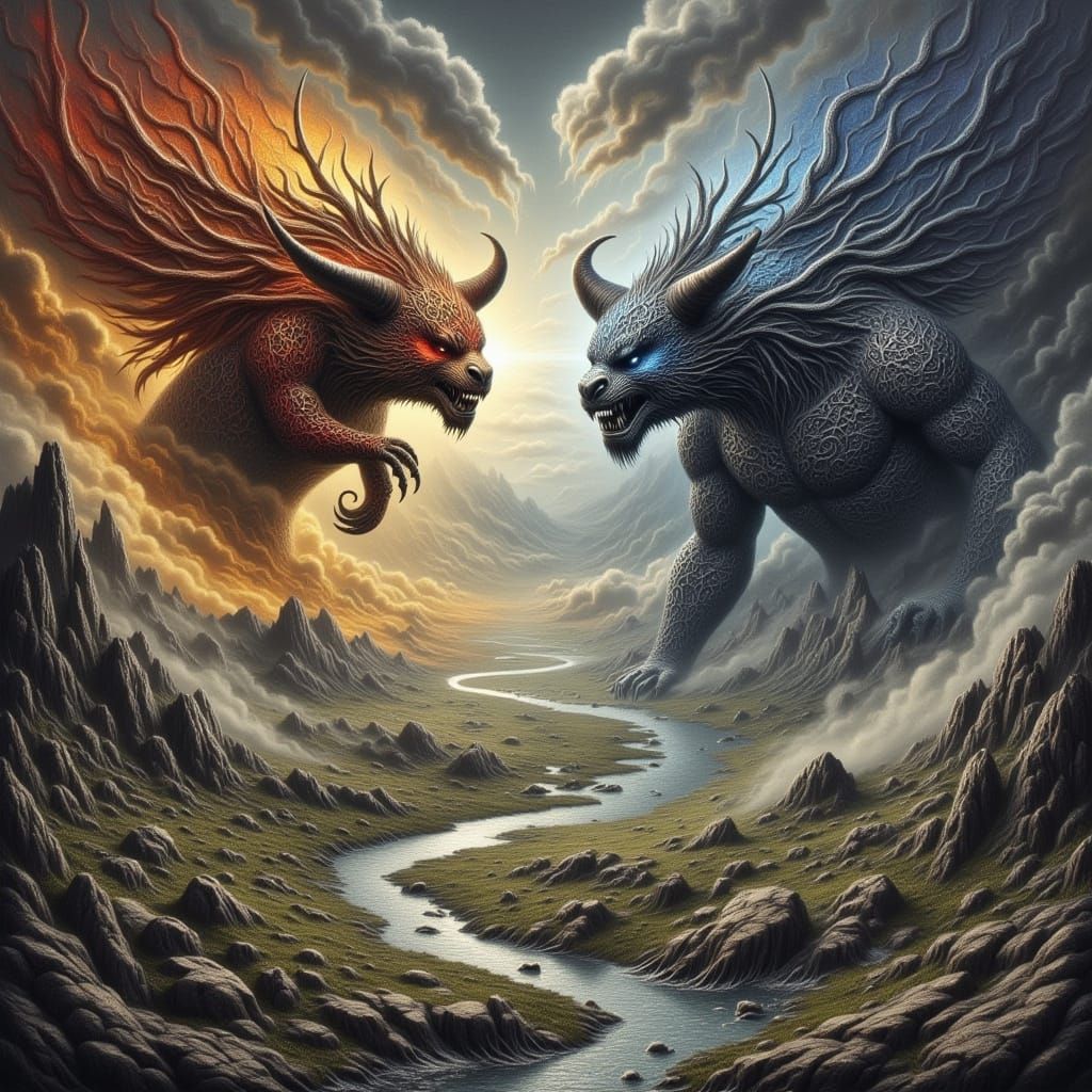 Epic Titans Clash in Vibrant, Detailed Fantasy Landscape