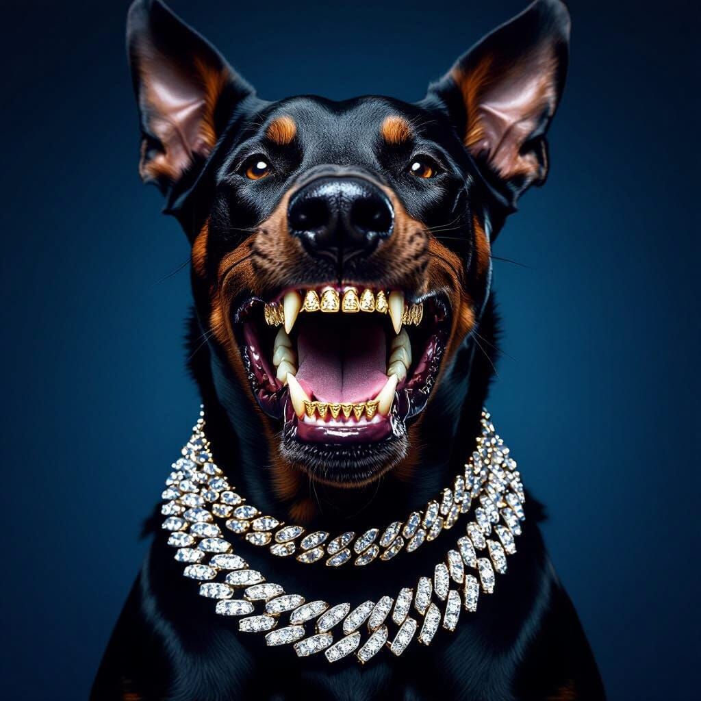 Doberman Portrait with Gold Teeth and Diamond Necklaces