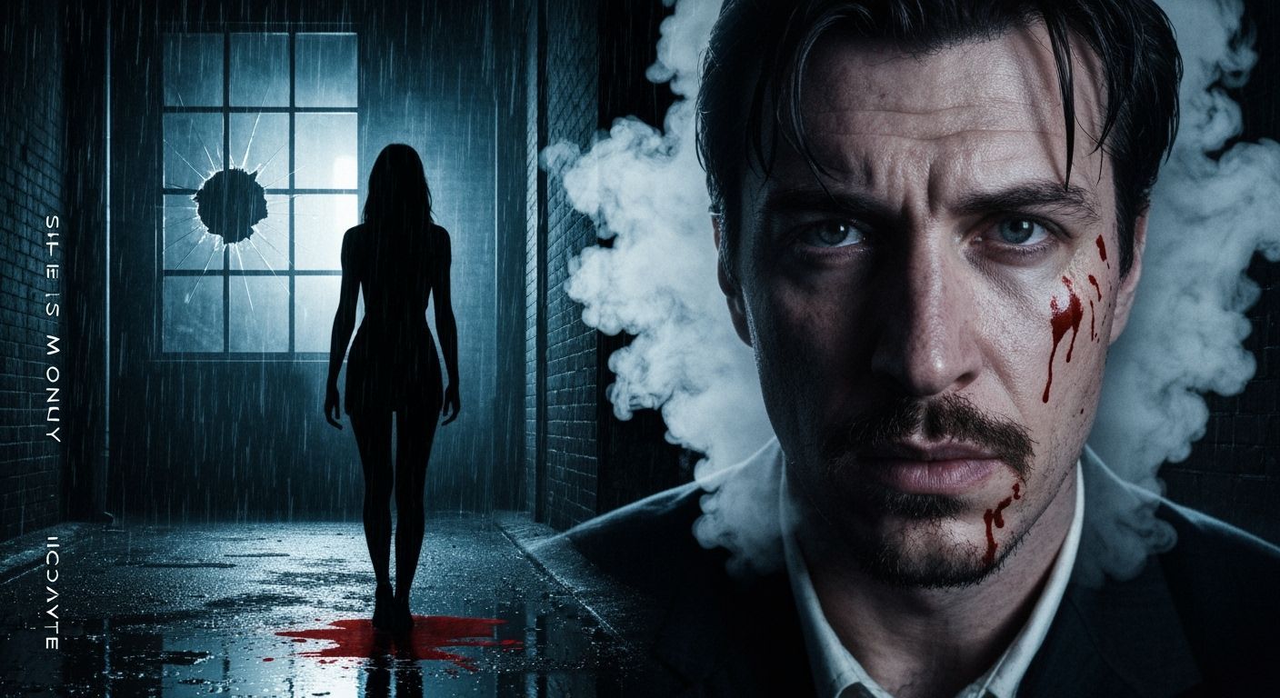 Haunted Man in Rainy Alley with Neon Reflection