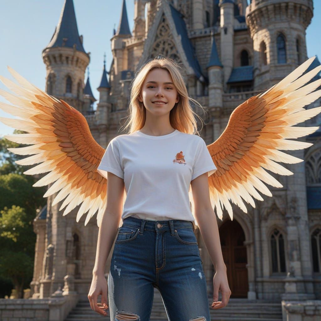 Gothic Princess with White Wings Soaring Above a Sunset Cast...