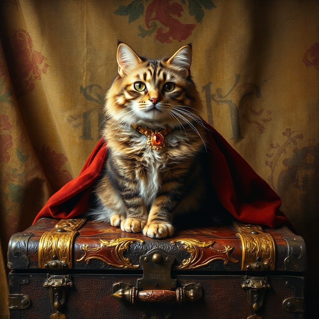Regal Cat Guards Treasured Artifact in Baroque Era Style