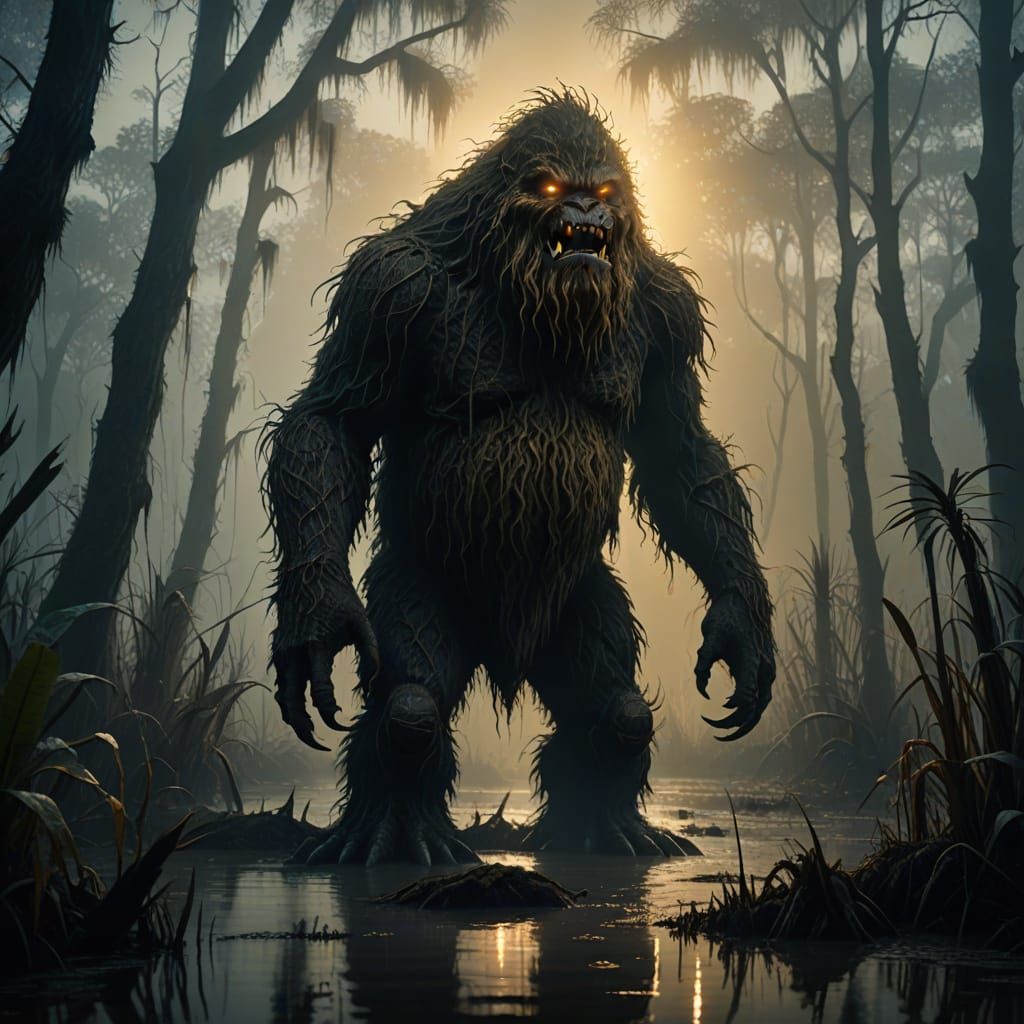Eerie Hairy Creature in Louisiana Swamp: Dark Fantasy Art